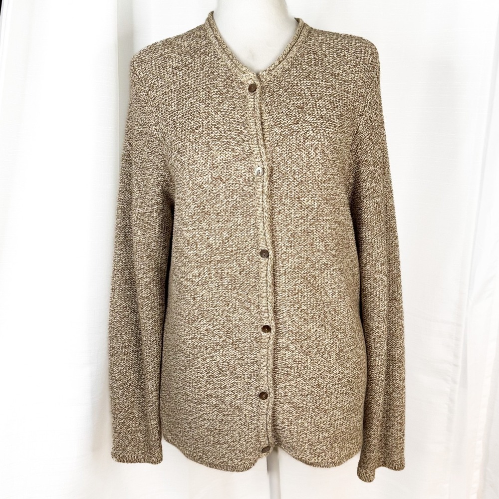 LL Bean Women's Cotton Cardigan Sweater Large Brown Marled Rolled Trim EUC